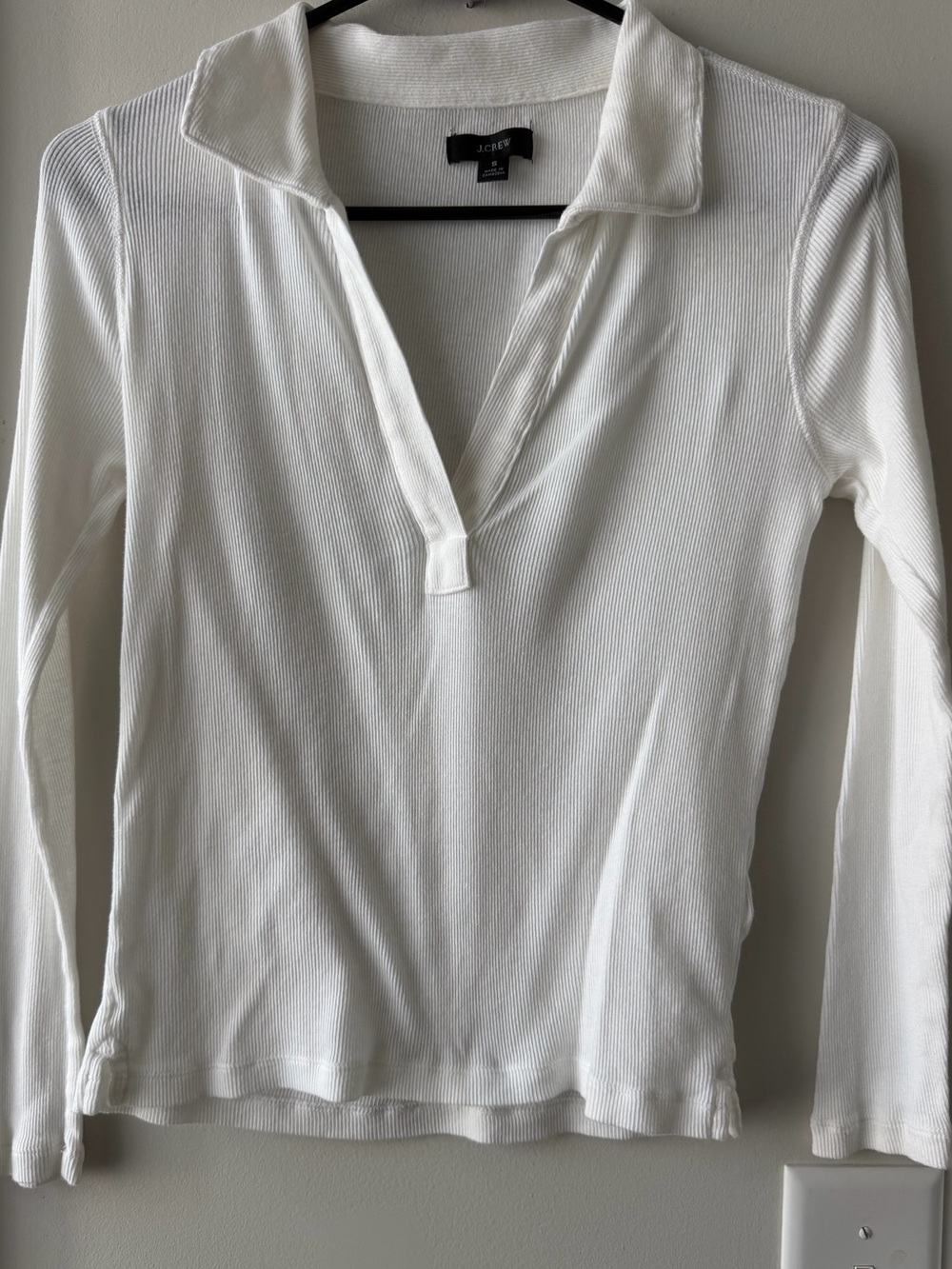 J. Crew White Long-Sleeve Polo V-Neck Shirt